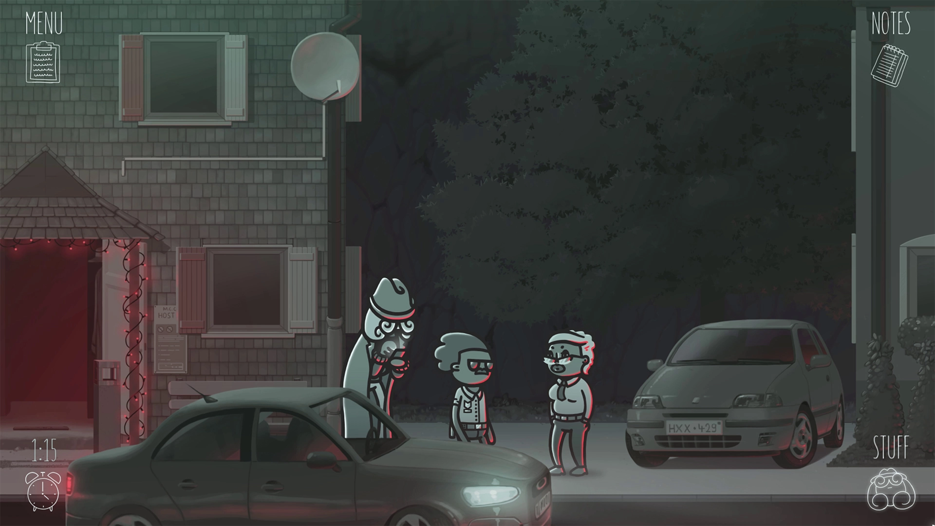 Night scene in the game Mindcop, characters discussing in front of a building with parked cars, creating a mysterious atmosphere