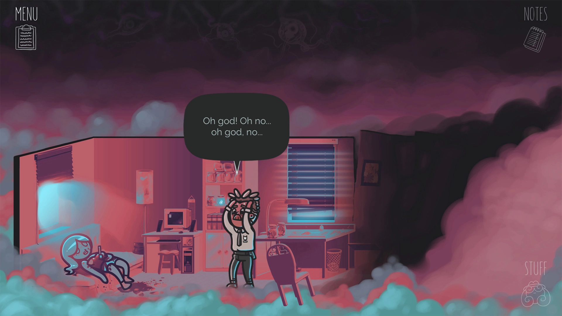 Dramatic scene in the game Mindcop, the character discovers a body in a dark room, enhancing the suspense