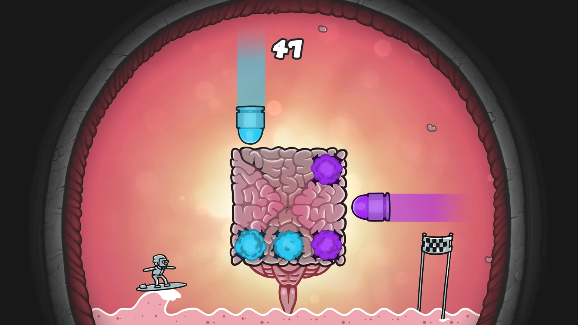 Mindsurf challenge in the game Mindcop, where the character surfs on a wave inside an organic structure, with obstacles and a finish line.