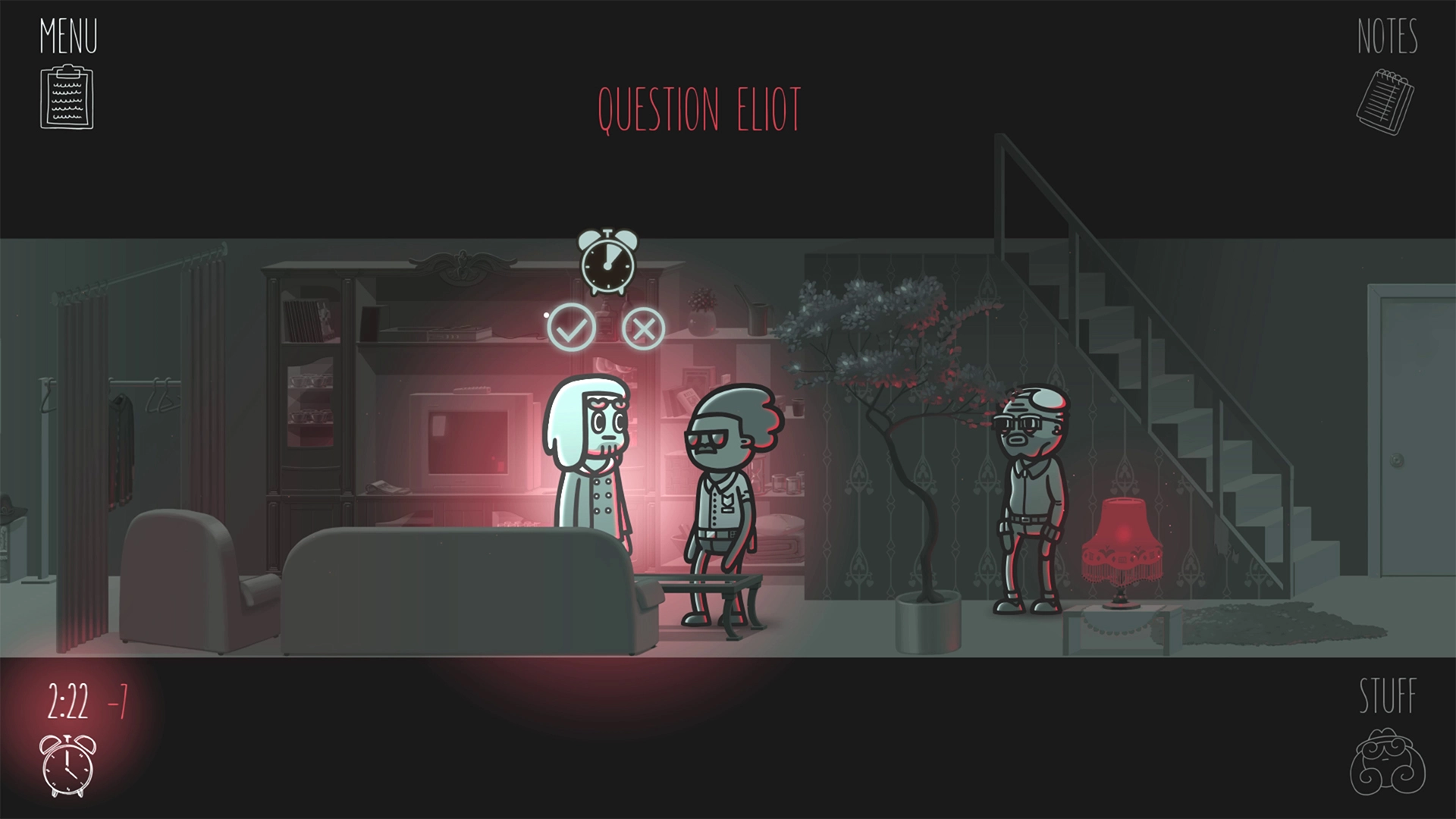 Interrogation scene in the game Mindcop, confronting suspects to uncover the truth about the crime