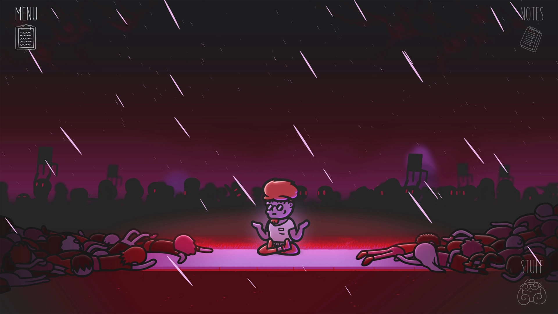 Intense scene in the rain in Mindcop, with the main character facing menacing silhouettes