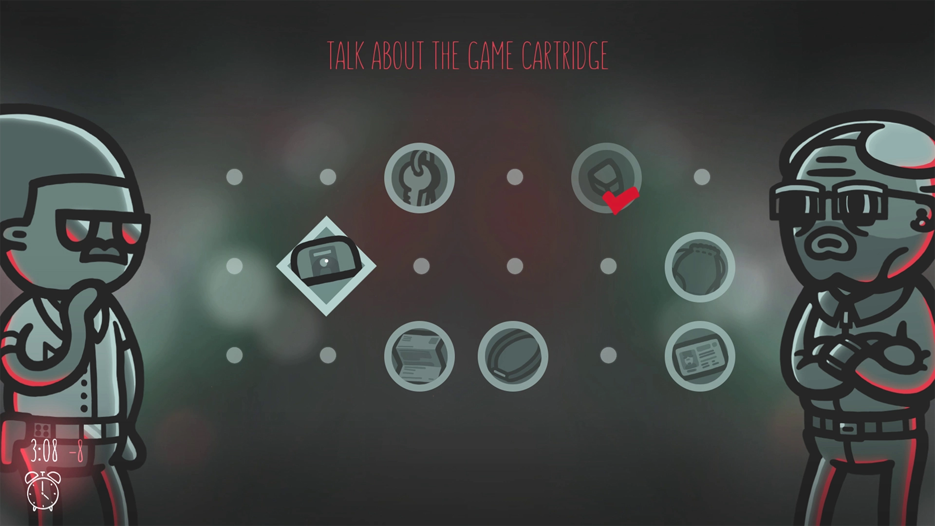 Dialogue options in Mindcop, where the player explores clues and choices to progress in the investigation